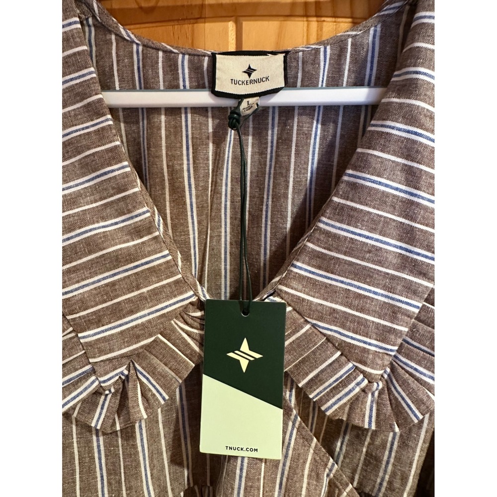 Tuckernuck Dove Stripe Linen Bethany Blouse Brown Blue Wrap Top Size L NWT - Picture 5 of 7